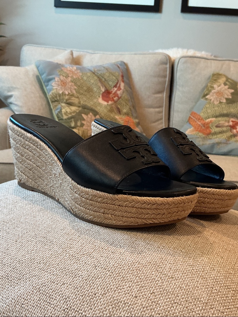 Tory Burch Black Leather Espadrille Wedge Slides with Natural Jute Platform